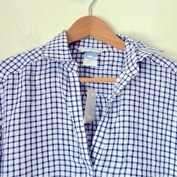 The Company Store Linen Blue White Check Tunic Shirt Pocket Dress Coastal L NEW - Picture 2 of 15